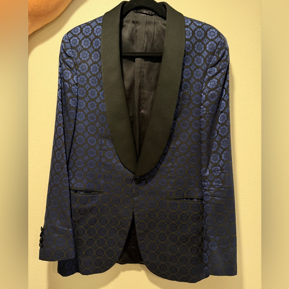 La Perla Navy Blue Jacquard Shawl Collar Tuxedo Blazer